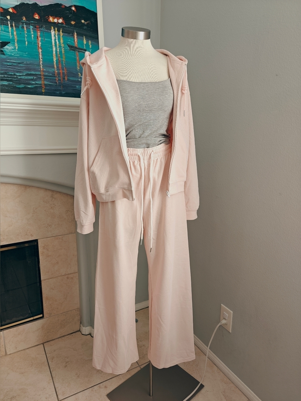 Women's Pale Pink Wide-Leg Lounge Pants Set